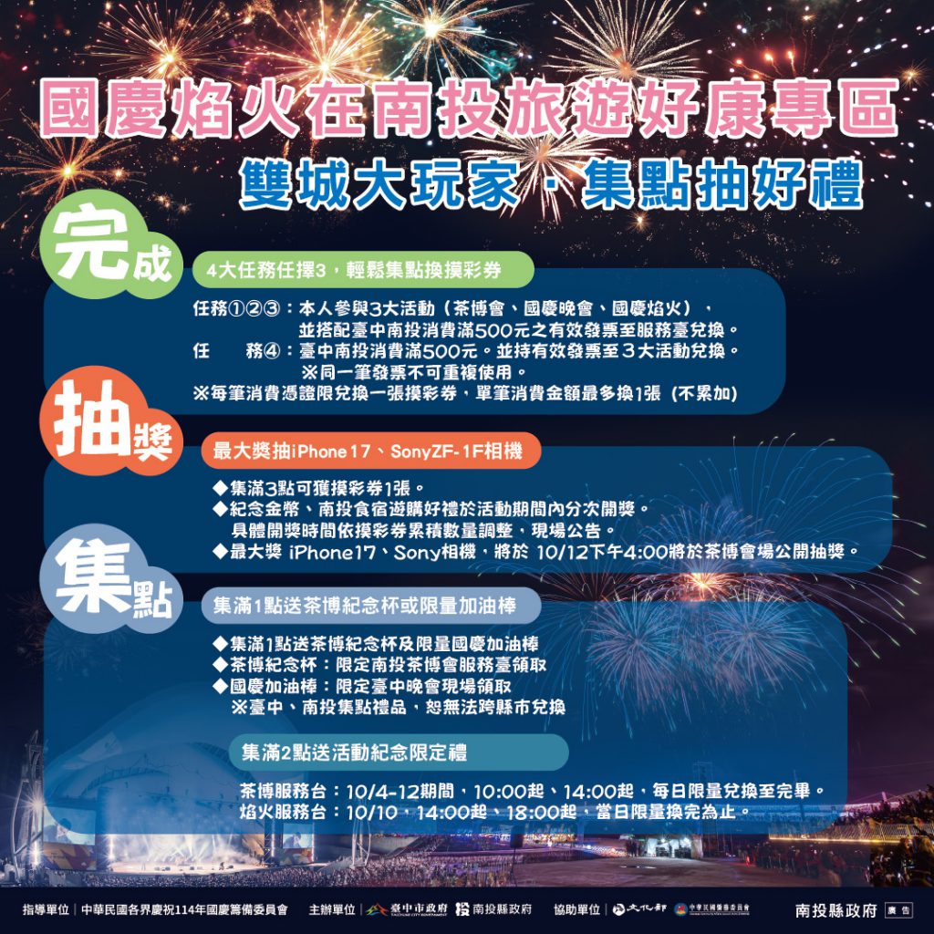 114年國慶焰火在南投!南投旅遊三大好康活動迎賓 中投雙城大玩家集點抽大獎、南投住宿加碼抽黃金、南投當日消費送茶博購物金 10月玩南投最划算 ...