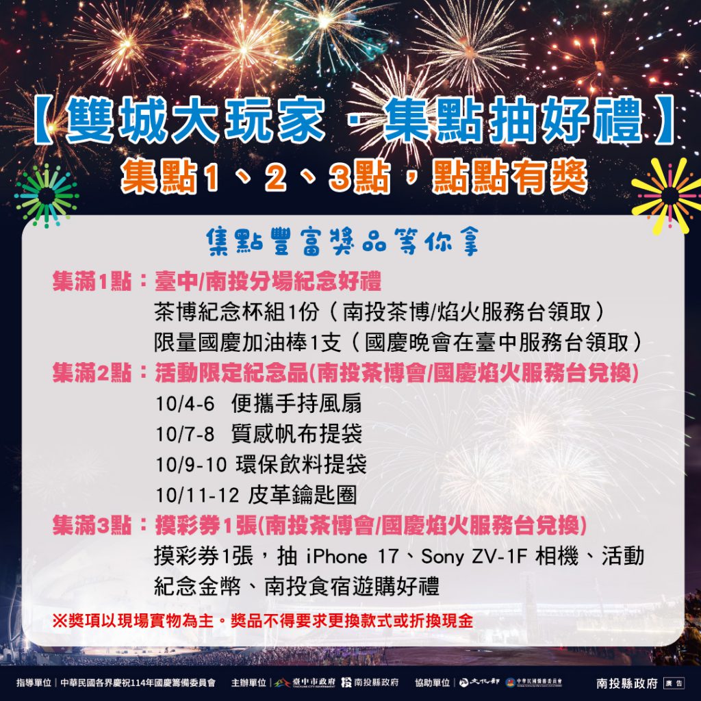 114年國慶焰火在南投!南投旅遊三大好康活動迎賓 中投雙城大玩家集點抽大獎、南投住宿加碼抽黃金、南投當日消費送茶博購物金 10月玩南投最划算 ...