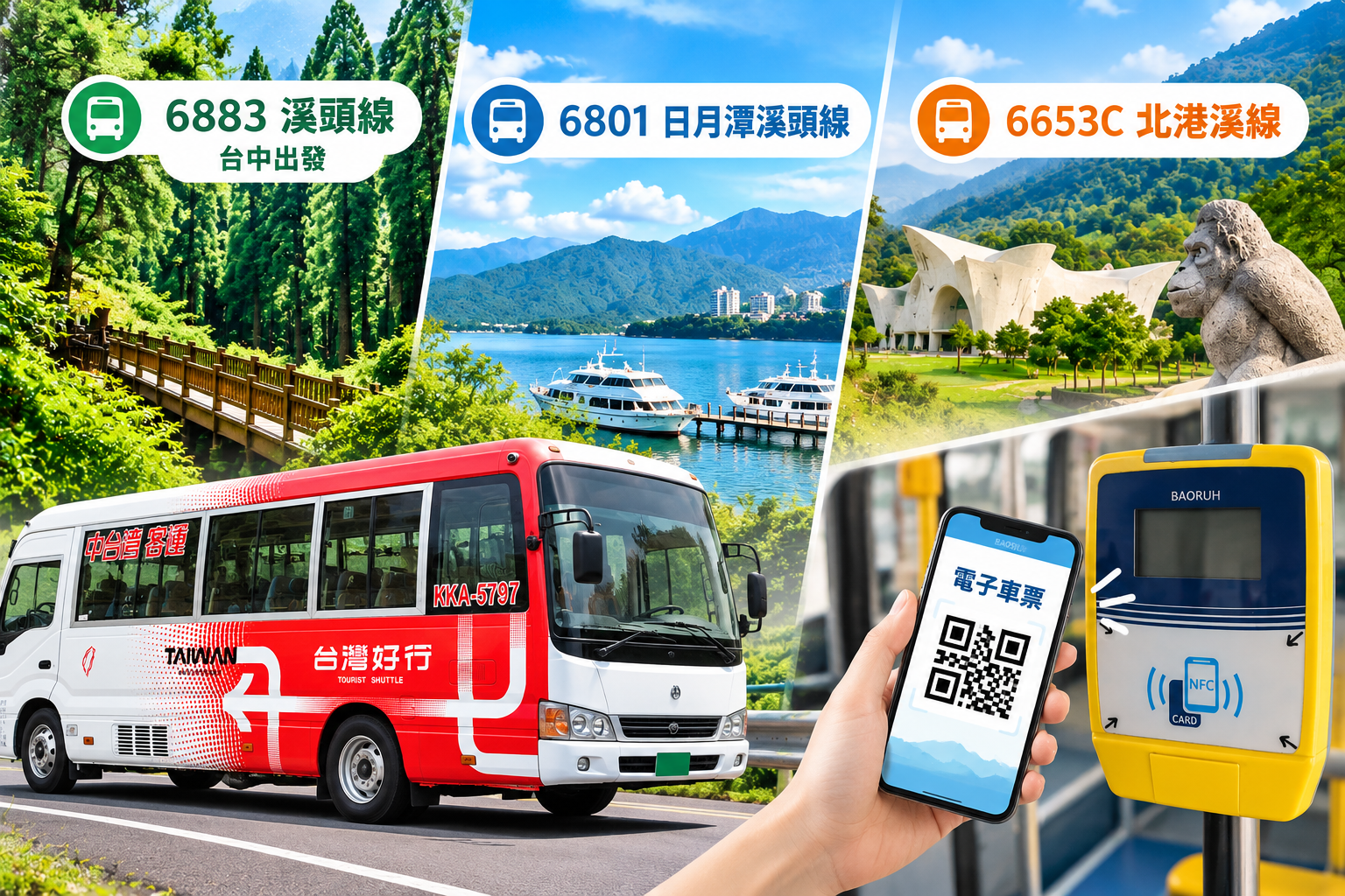 6883溪頭線（台中出發）、6801日月潭溪頭線及6653C北港溪線開放線上預約購票掃碼搭車更便利